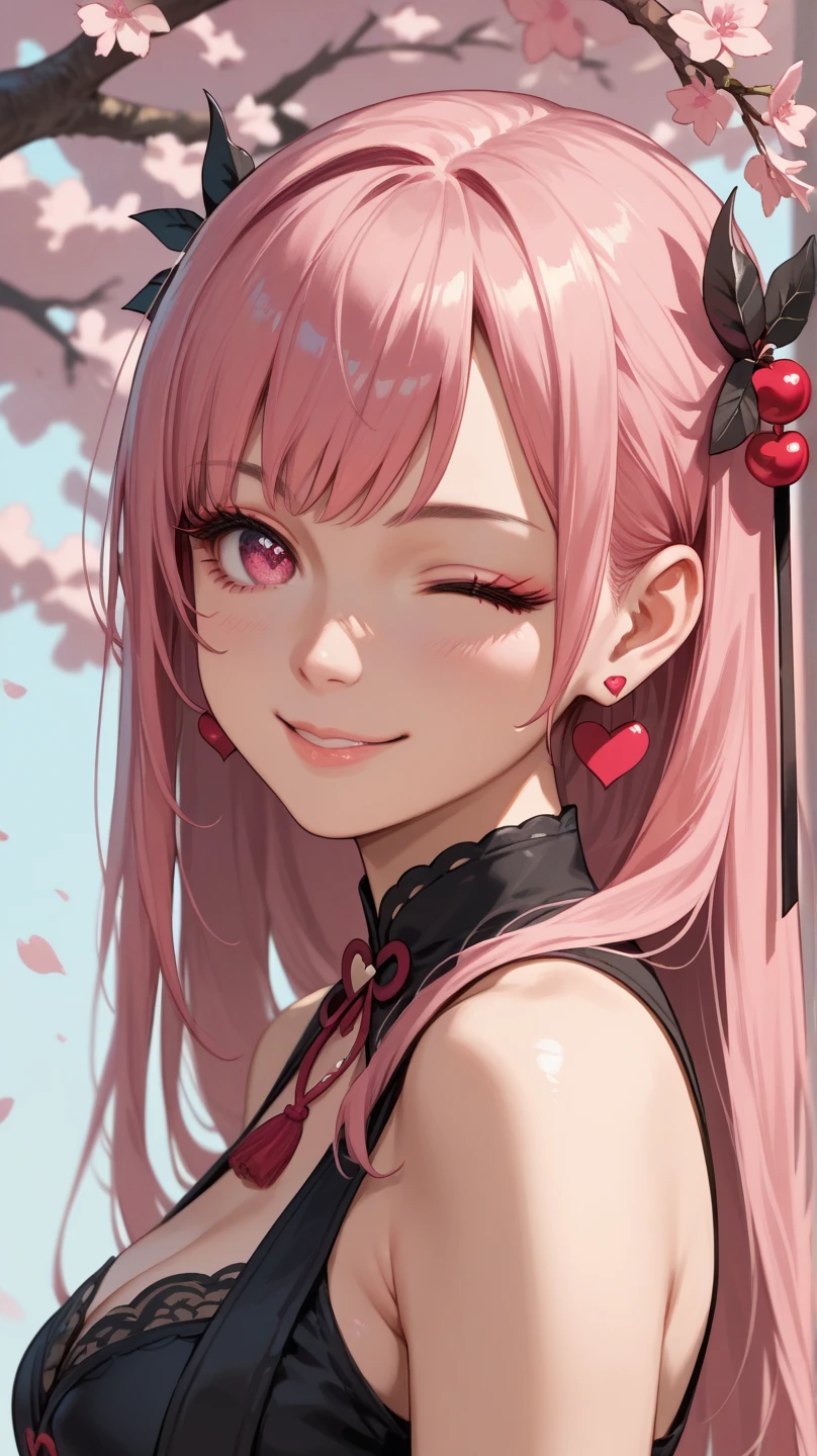 1 girl, solo, high resolution, Look at your heart , smile, Pink Eyes, accessories, earrings,  quick, pale pink hair, Bob, Little Devil,cherry blossom hair ornament
