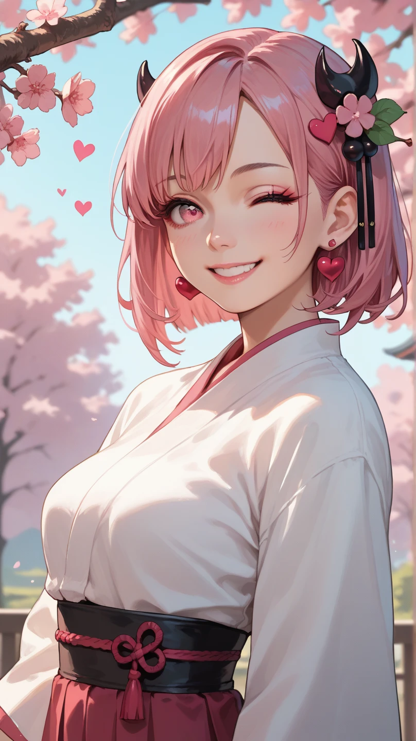 1 girl, solo, high resolution, Look at your heart , smile, pink eyes, accessories, earrings,  quick, pale pink hair, Bob, Little Devil,cherry blossom hair ornament,wink next to you
