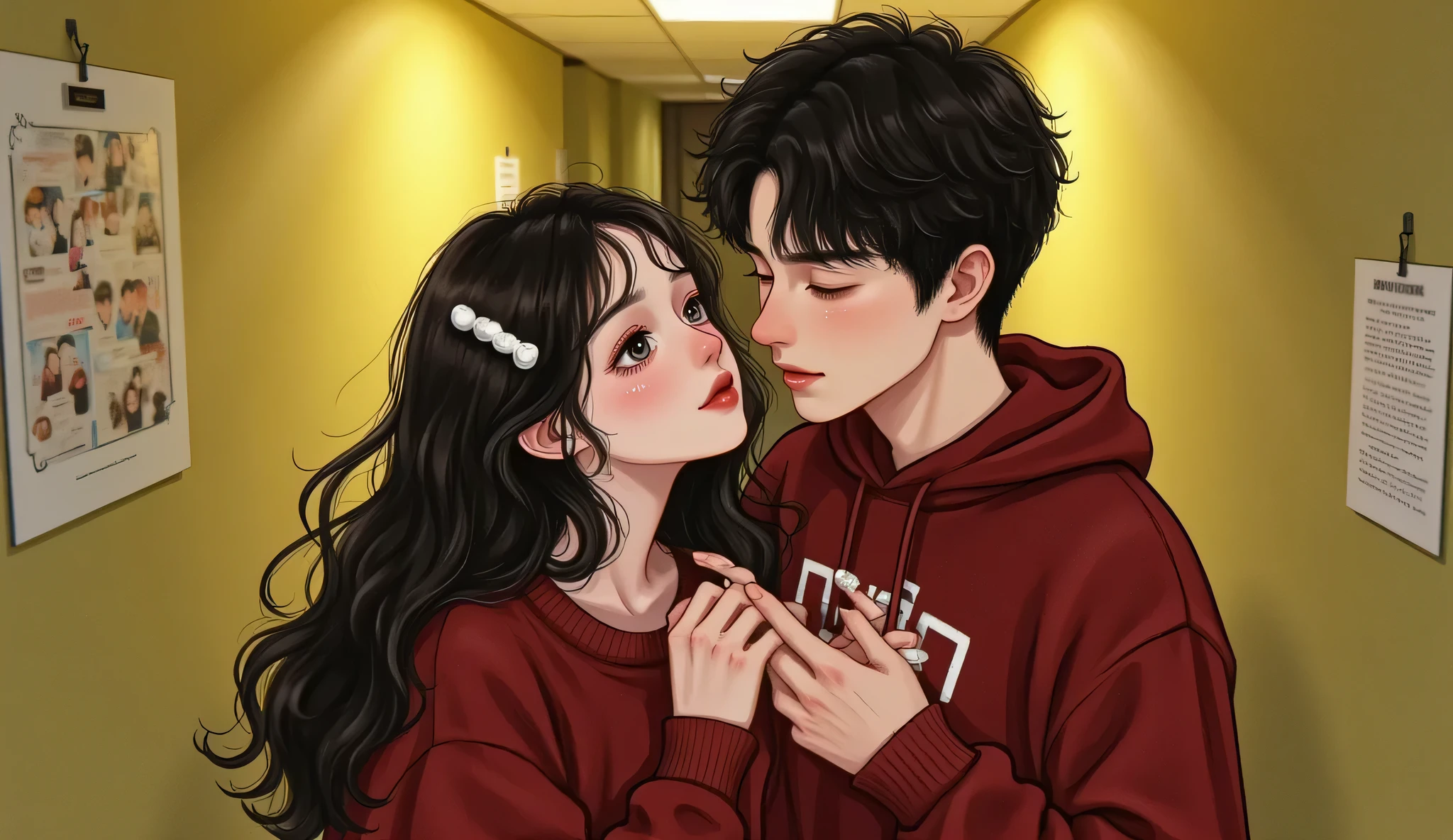 "A dramatic romantic scene in a school hallway at night: a tall, handsome bad-boy male student with messy black hair and cold eyes is pinning a delicate-looking female student with long black hair against the wall. His arm is on the wall above her shoulder, and his other hand grips her wrist. Her back is pressed to the wall, her eyes wide with surprise, cheeks slightly flushed. There's tension and danger in the air, but also hidden desire. The hallway is dimly lit with soft yellow light. Cinematic, manhwa-inspired style, with douyin makeup on the girl (glossy lips, teary bright eyes, rosy cheeks), semi-realistic rendering