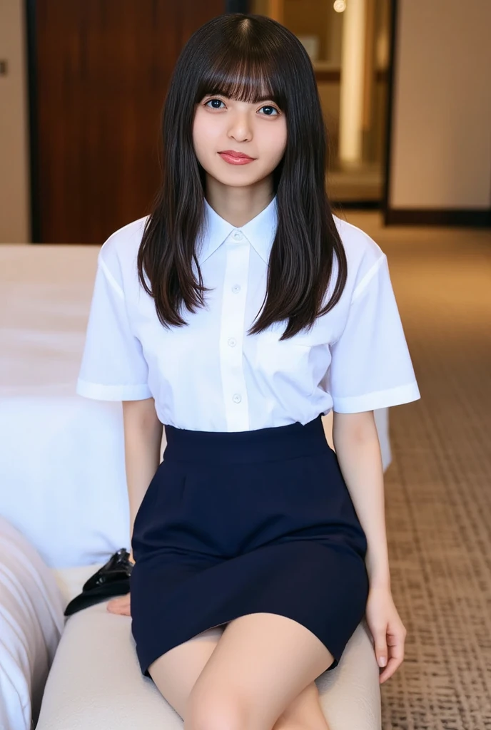 ((Highest quality)), ((Photo quality)), (detailed), Perfect Face,13 years old,Young face,OL,uniform,bed,Small breasts,Thin arms,Skinny,Navy blue tight skirt,White blouse
