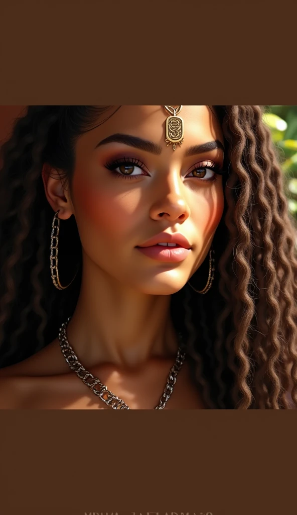 Perfect face, cute girl, big breasts, black hair, Savanna, tanned skin, tribal costume