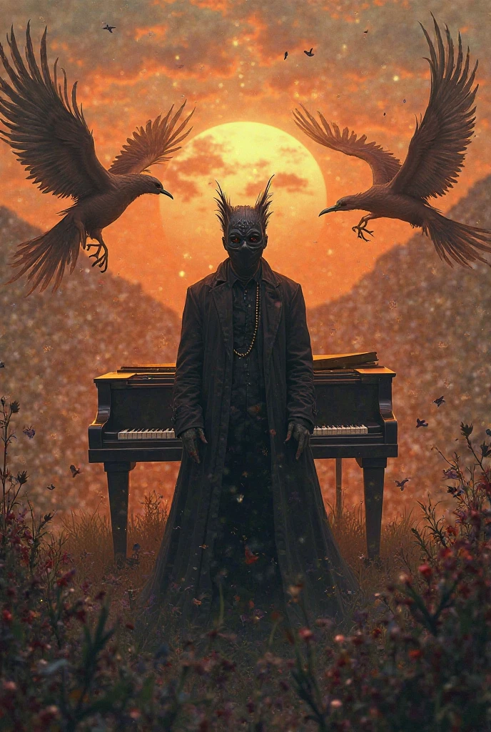 A man with black Hospital mask in the sunset with mysterious piano sorrounded by phoenix 