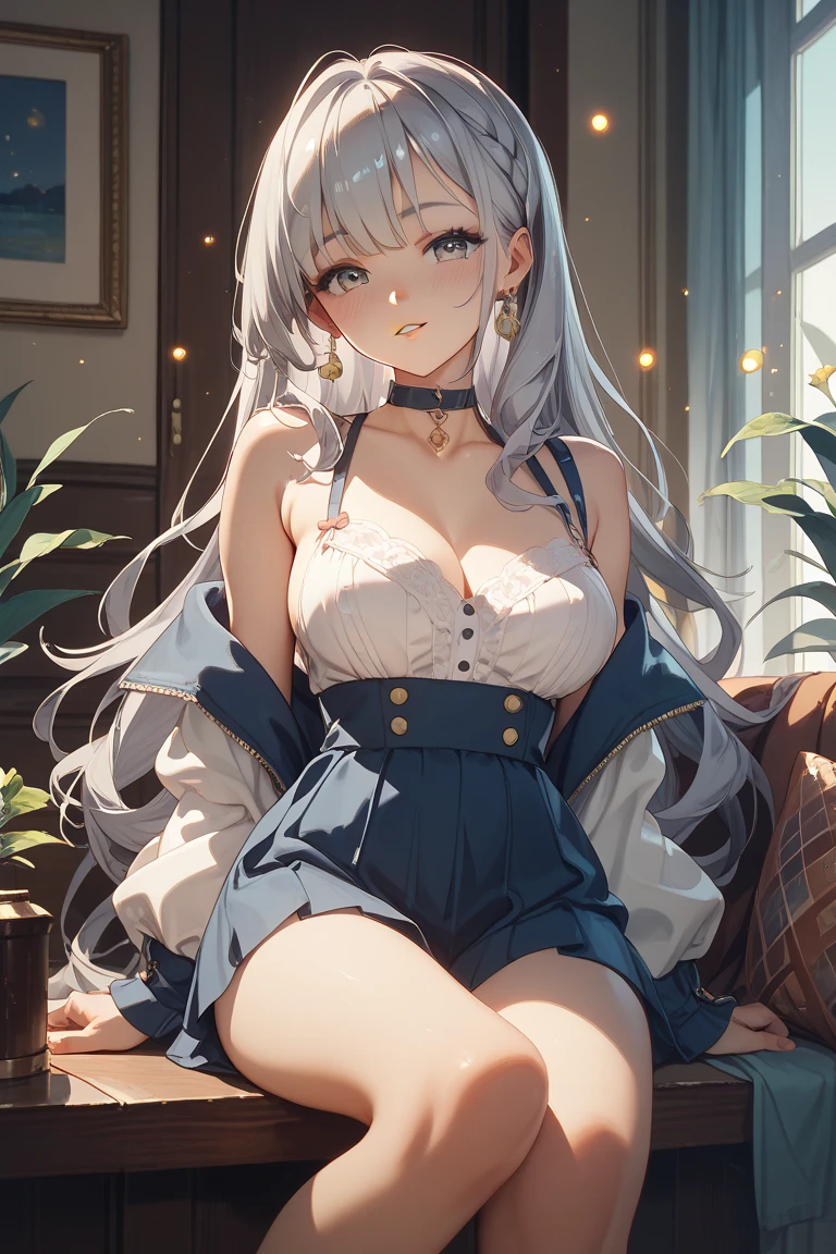 (masterpiece, best quality:1.2), (high resolution, 8K RAW photo, photo realistics, clear focus, weak outline:1.3), (cinematic lighting, moody, textile shading), pov, (solo:1.5), 1 matured woman, 24 years old, (milf:1.5), ((nfsw:1.5, fuge breast:1.3, sagging breast, big tits, breast cleavage, harass sexually, in heat, presenting)), ((Bright beautiful eyes:1.3)), (sitting on stool in a BAR counter, lying face down on the counter with putting arms on the counter top, looking at viewers, cocktail glass), raised sexy, (little happy smile:1.3, shamed), light purple mesh on silver hair, medium long hair, hair over one eye, asymmetric hair, half updo hair, blue eyes, wearing white sexy party dresses, long skirt with side slit, wearing green see-through shawl around your shoulder, (Luxury detailed accessories, necklace, earrings, Bracelets), bokeh, dynamic angle, leaning to side:1.2, close-up face:1.5, full body, from below:1.2, (correct anatomy:1.6, ideal ratio of body proportions, correct hand:1.5, small hands), in a night, darkroom,