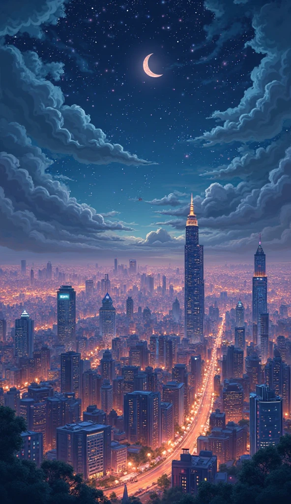 a beautiful night city illustration, with glowing buildings and fairylight. stars and moon in sky and clouds. make it look from a south asian settin