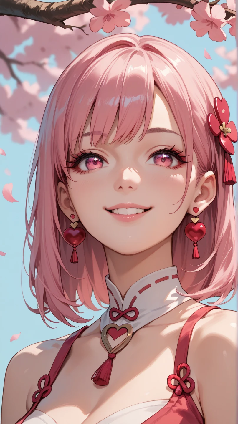 1 girl, solo, high resolution, Look at your heart , smile, Pink Eyes, accessories, earrings,  quick, pale pink hair, Bob, Little Devil,cherry blossom hair ornament