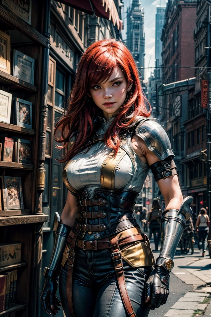 masterpiece, best quality, highres, erza scarlet, fairy tail, smile, long hair , red hair , hair over one eye , brown eyes , large breasts , black cropped t-shirt, black leggings, leather corset, gauntlets, decorated leg plates , brown elbow-pads, ((short red hooded sleeveless jacket with gold details)), shoulder armor, straps, holding weapon, lance, standing outside bookshop, dieselpunk city , city center, 1950's design cars, crowd in dieselpunk fashions, cowboy shot, looking at viewer, masterpiece,stunning girlfriend, heart shaped face, elegant face, beautiful face, highly detailed face, highly detailed skin, skin pores, subsurface scattering, realistic pupils, looking at viewer, full lips, detailed background, depth of field, atmospheric perspective, volumetric lighting, sharp focus, absurdres, realistic proportions, good anatomy, (realistic, hyperrealistic:1.4), 16k hdr,