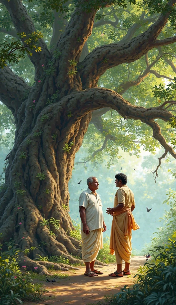 ৩০ বছরের সাদা শাট গায়ে ও লুঙ্গি পরা দুই বন্ধু একটা বড় বট গাছের নিচে বসে কথা বলতাছে 