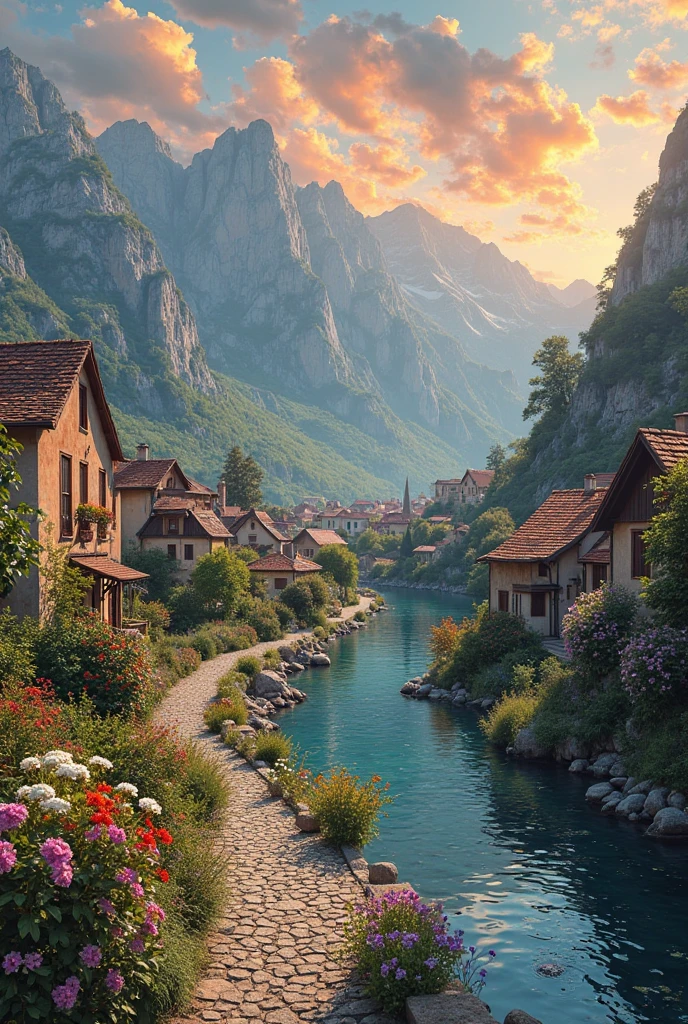 a small village by the river, mountains in the background, fleurs florales colorées,  detailed landscape , Beaux paysages naturels, atmospheric lighting, coucher de soleil brûlant, warm colors, pratique, photorealistic, Detailed foliage ,  complex buildings, Cobblestone street, Charming country house, bright swirling colors, lush vegetation,  Reflections of still water, Pittoresque, idyllique,  work of art, best quality, 8k, Extremely detailed, style anime.