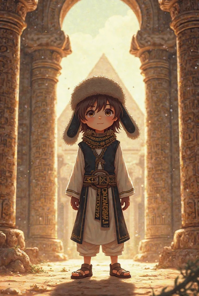 A boy with brown hair wears black and white Egyptian clothes and wears a winter anime hat 