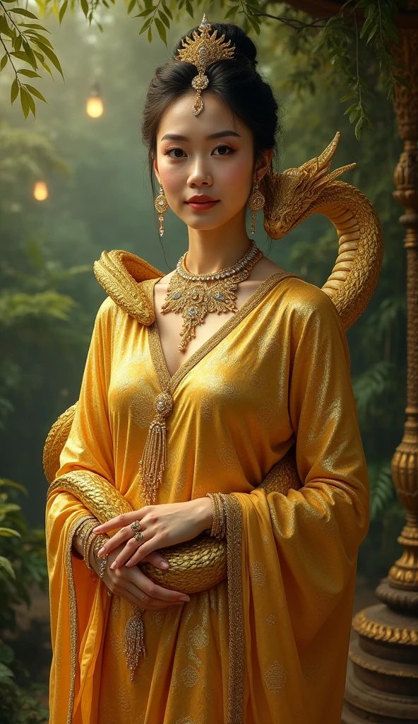 A woman wearing a golden Thai dress, diamond and gold jewelry, with a golden naga beside her.