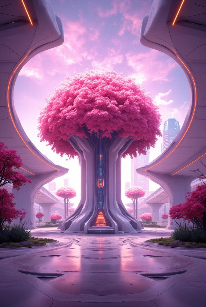 high quality photos, A cherry tree in full bloom in a futuristic city park, pink auroras spread in the sky, shot from below