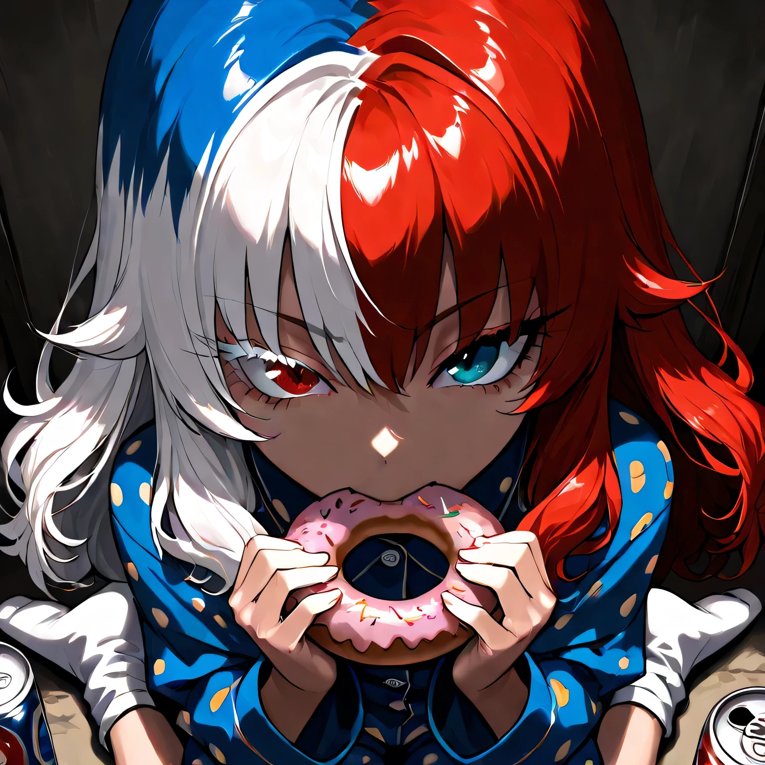 ((female))、((solo)), anime、2 color hair、white hair、white long hair、head、((tsurime)), ((slant eyes)), ((left and right eyes have different colors、right eye is red and left eye is blue))、((Both eyes are different colors, Right eye red, left eye blue)), My eyelashes are white、white eyelashes, to tears, ((can be found hiding in the corner eating a big doughnut、Hold a large doughnut with both hands))、black fluffy pajamas、Top and bottom fluffy pajamas、white socks、1 plastic tea bottle on the side、