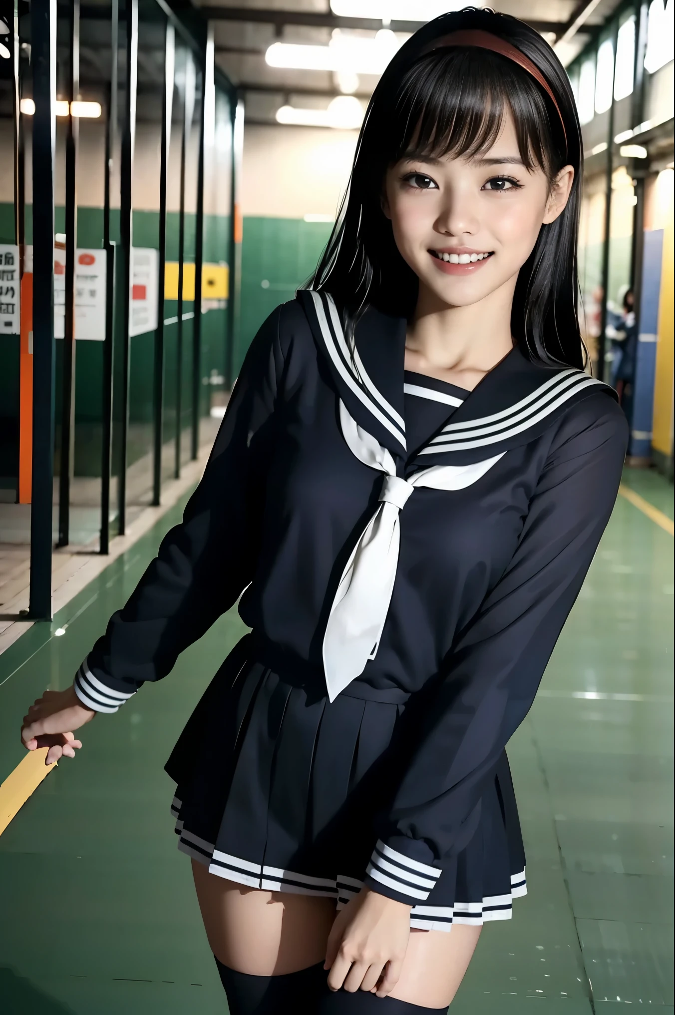 train garage、 Japanese High School Girls , black hair, black high socks, long hair ,sailor、女子高校生のsailor服、happy smile、She's happy with her teeth、Train depot、