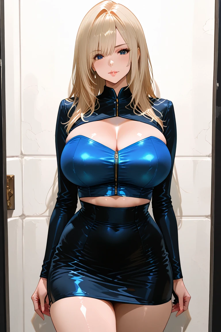 1girls big_breasts blonde_hair blue curvy_body curvy_figure long_hair milf