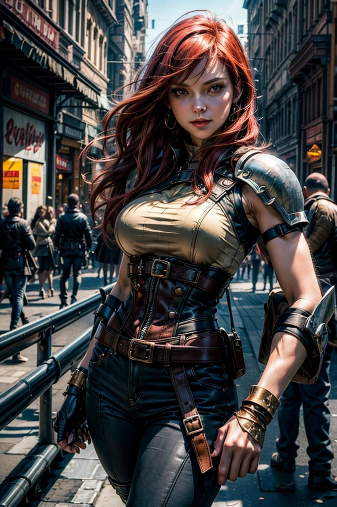 masterpiece, best quality, highres, erza scarlet, fairy tail, smile, long hair , red hair , hair over one eye , brown eyes , ????????????? , black cropped t-shirt, black leggings, leather corset, gauntlets, decorated leg plates , brown elbow-pads, ((short red hooded sleeveless jacket with gold details)), shoulder armor, straps, holding weapon, lance, standing in busy dieselpunk city , city center, 1950's design cars, crowd in dieselpunk fashions, cowboy shot, looking at viewer, masterpiece,stunning girlfriend, heart shaped face, elegant face, beautiful face, highly detailed face, highly detailed skin, skin pores, subsurface scattering, realistic pupils, looking at viewer, full lips, detailed background, depth of field, atmospheric perspective, volumetric lighting, sharp focus, absurdres, realistic proportions, good ???????, (realistic, hyperrealistic:1.4), 16k hdr,