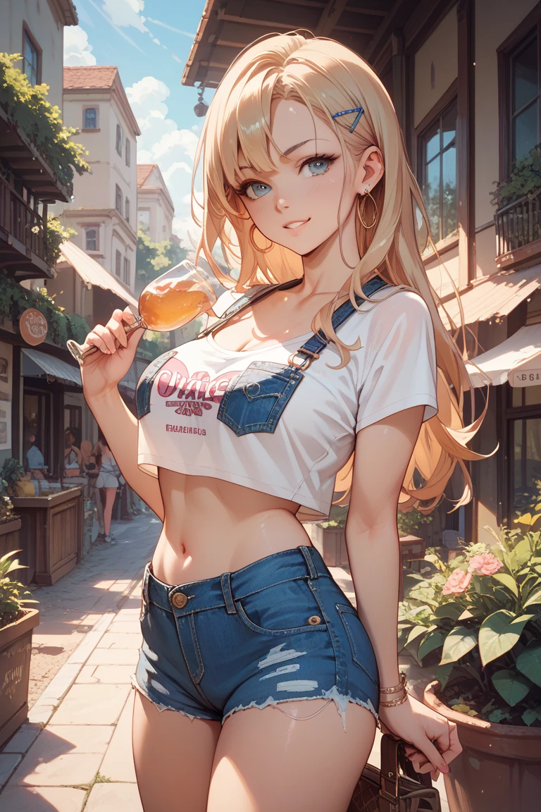 buttocks emphasis、Close-up looking up from below、smile、realistic、face reality、Super high chroma、8k、(((Two s)))、blonde braid hair、T-Shirt Fashion、cherry blossoms、Beautiful cherry blossoms、cherry blossomsの花びらが落ちる、denim shorts、Slightly larger breasts that emphasize cleavage、Various sexy poses、natural scenery