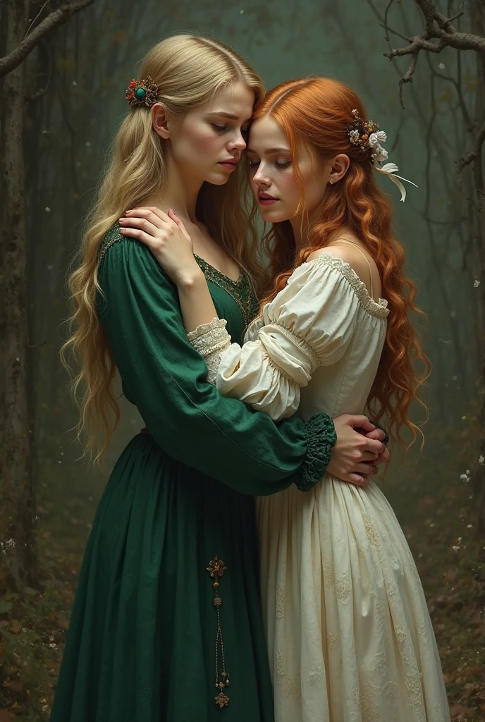 Girl with long straight blond hair and medieval green dress and girl with light red hair/Curly orange and dirty white dress hugging each other sadly