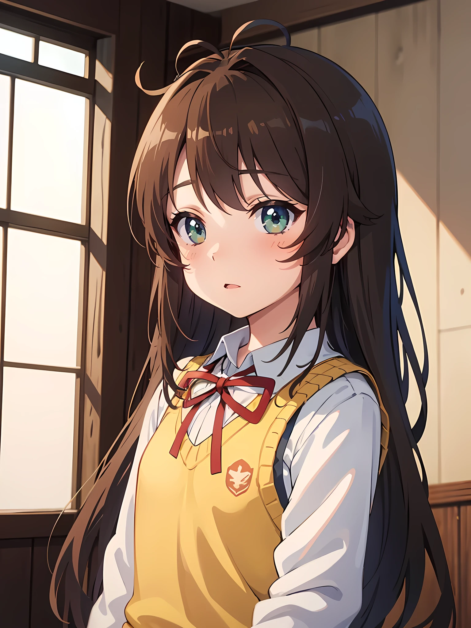 (masterpiece, top quality), EXTREMELY detailed CG Unity 8k wallpaper, high definition, bold composition, masterpiece, best quality, amazing quality, very aesthetic, high resolution, ultra-detailed, absurdres, newest, scenery, depth of field, voLumetric lighting , artistic composition, Anime screencap, Flat animation, 1 girl, nose blush, matur, 四つん這い、視聴者を見ている、下から, 前から, アニメ, 高精細, 指をさす, 寝室, 手のアップ, 日本, 高精細, 恥ずかしい, EdobUruseiYatsura, nonkomari, dwarf, little_girl, , school_uniform, sweater vest, neck ribbon, brown_hair, long_hair, green_eyes, blush, antenna_hair, bangs, 短足, , グレーのスカート, 顔のアップ