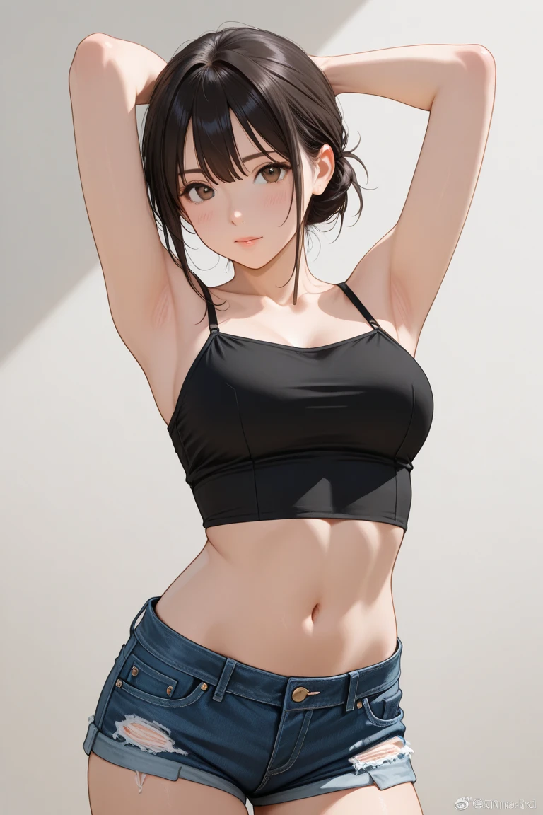 slim soft body, long brown hair with purple highlights, ponytail, blue eyes, blush, black eyeliner, unbuttoned, unzipped short shorts, sports bra, big breasts