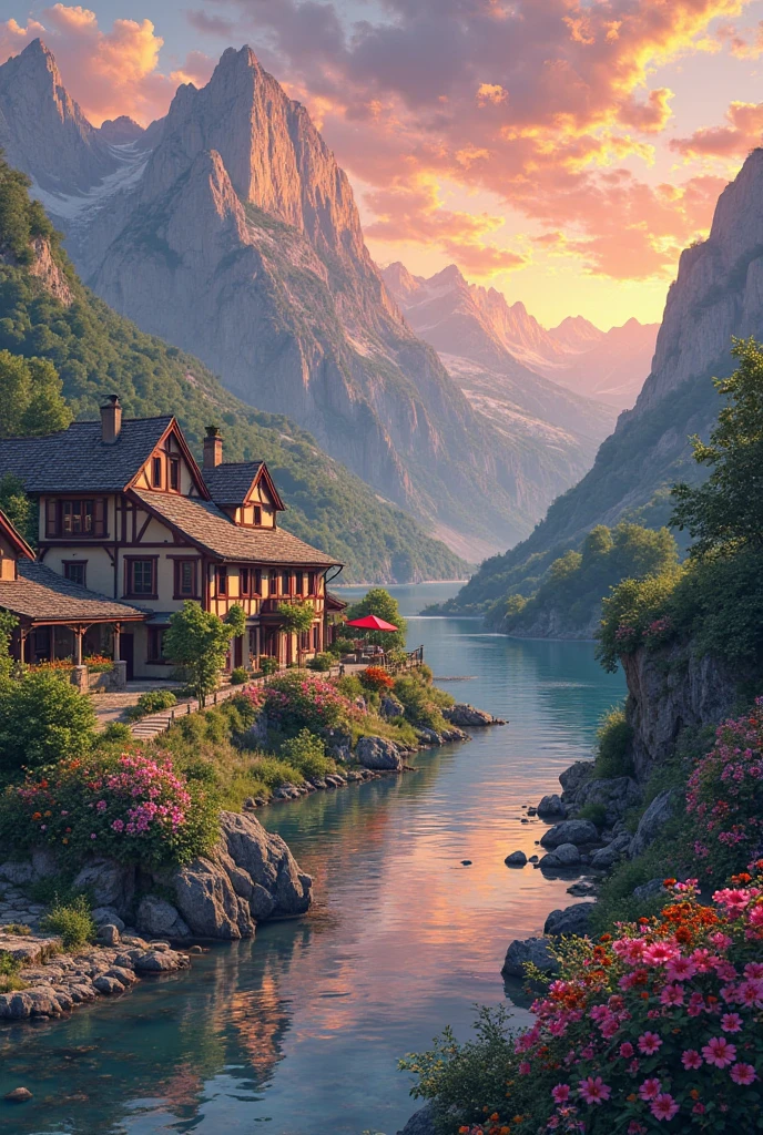 A small town next to the river, mountains in the background, colorful floral flowers, detailed landscape, beautiful natural landscapes, atmospheric lighting, scorching sunset, warm colors, practical, photographic, detailed foliage, complex buildings, cobblestone street, charming country house, vibrant colors, lush vegetation, reflections in the water, picturesque, idyllic, artwork, better quality, 8K, extremely detailed, anime style