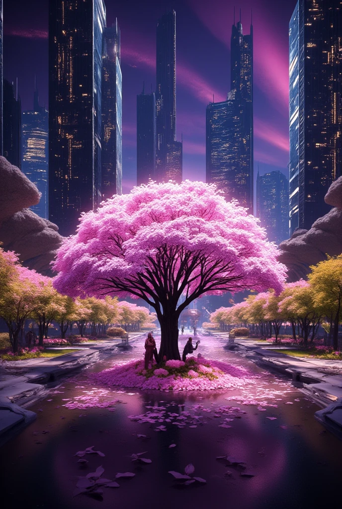 high quality photos, A cherry tree in full bloom in a small park between skyscrapers, Pink auroras spread out in the night sky, shot from below