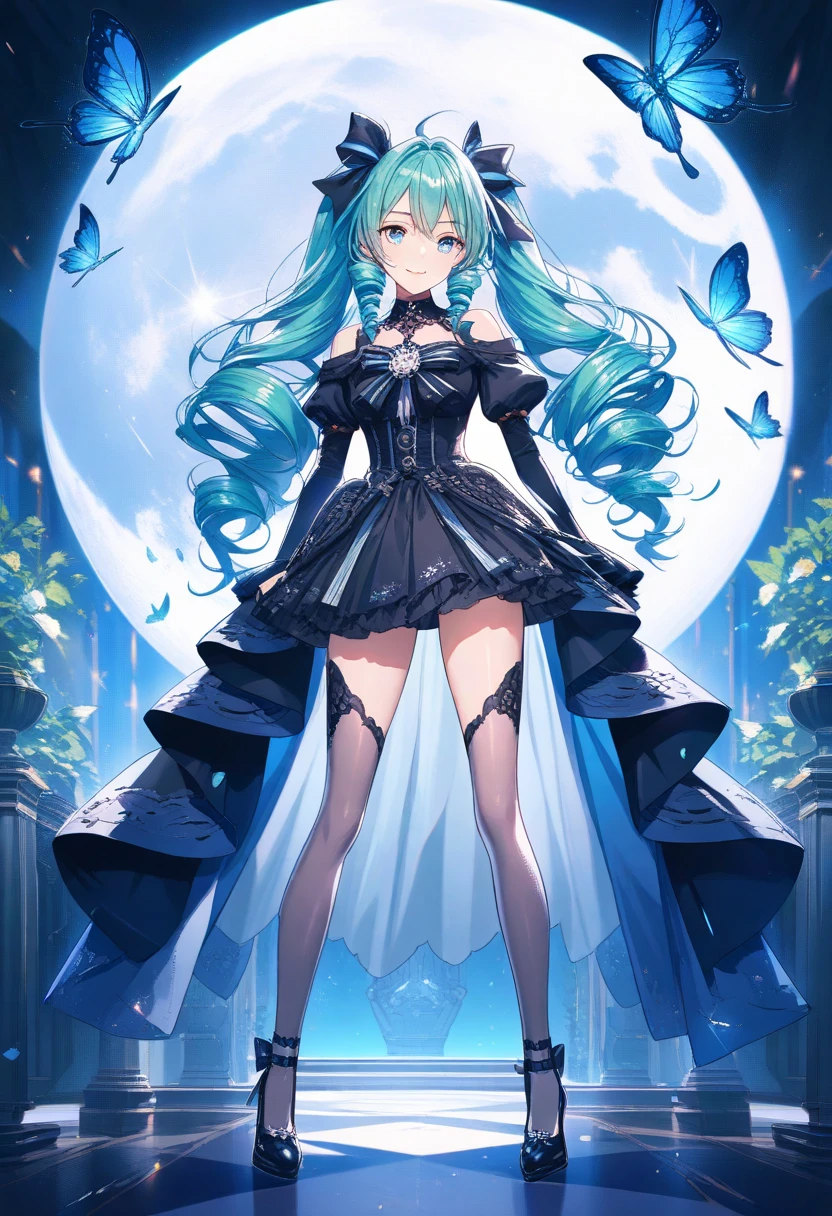 1girll,独奏,sit on chair,Inside the garden,cabelos preto e longos,Butterfly hairpin,Ocean blue off-the-shoulder dress,black lence stockings