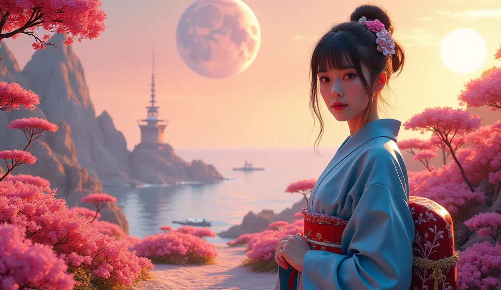 A beautiful Japanese woman in a traditional blue kimono stands on Jupiter's moon. Looking directly at the camera. The face is occupied by 1/3 pictures . It is surrounded by lush alien vegetation with bright colors in full bloom. In the distance, a calm sea shimmers under a golden pink sky, spacecraft and buildings of a highly developed forerunner civilization (polygonal masonry). Moon planet in the sky. The landscape is surreal and breathtaking, combining Japanese elegance with a sci-fi environment, inspired by Venus. soft lighting, high detail,  dreamy ,   atmosphere .