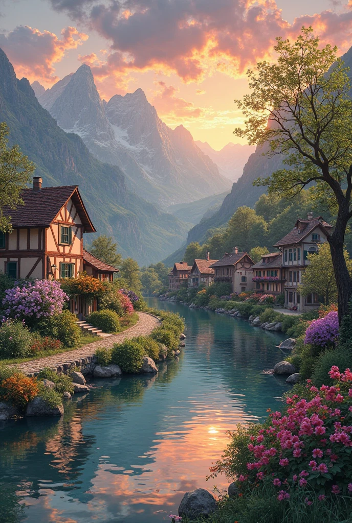 a small village by the river, mountains in the background, floral flowers colorful, detailed landscape, Beautiful natural landscapes, atmospheric lighting, scorching sunset, warm colours, practical, photopractical, Detailed Foliage, complex buildings, cobblestone street, Charming country house, swirly vibrant colors, lush vegetation, Still water reflections, Picturesque, idyllic, work of art, best qualityer, 8k, extremely detaild,anime styling
