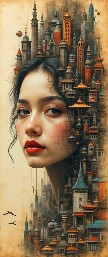 A beautiful and mesmerizing mixture of oil and watercolour on aged paper. The painting contains fragments of ancient Javanese skyscraper architecture such as building facades, floors and corridors, which are seamlessly interwoven to create a surreal portrait of a woman’s face. The sketch combines traditionally painted Javanese and Chinese architecture, 3D design elements, shadows, textures, materiality, an orange lake and native trees and plants. Imperfections in the drawing, measuring lines and author’s notes are intricately scattered throughout the composition, adding a sense of human touch and artistic struggle. The scene exudes a disorienting atmosphere, where elements seem misplaced, evoking a deep sense of unease and depth. Warm, diffused lighting bathes the intricate lines and textures, creating soft shadows that enhance the enigmatic appeal of the sketch.