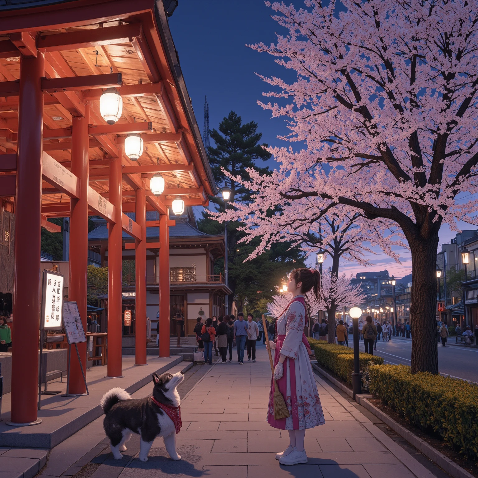 score_9 , score_8_up , score_7_up , score_6_up , score_5_up , score_4_up , source_realistic_pictures , Ultra-realistic , Photorealistic , Ultra-realistic , Photorealistic , Dramatic Scene , Global Illumination , At a Japanese shrine where the cherry blossoms are in full bloom, a huge black small Shiba dog wearing a shrine maiden's outfit looks up at the many cherry blossoms planted in the shrine while working part-time as a cleaner. It holds a bamboo broom in its front paws. black small Shiba dog can walk on two legs like humans and live like humans. / A cute 28-year-old Japanese woman with a ponytail is also wearing the same shrine maiden outfit as black small Shiba dog, and is enjoying cherry blossom viewing while looking at the cherry blossoms facing the same direction as black small Shiba dog. At a shrine where cherry blossoms are blooming at night, lanterns are hung from the cherry trees in full bloom, and the cherry trees are brightly lit up here and there. A night cherry blossom festival is being held at a Japanese shrine rich in nature. There are people taking part in festivals, people enjoying cherry blossom viewing, tourists admiring the cherry blossoms, and in the distance you can see cityscapes lined with lit windows.