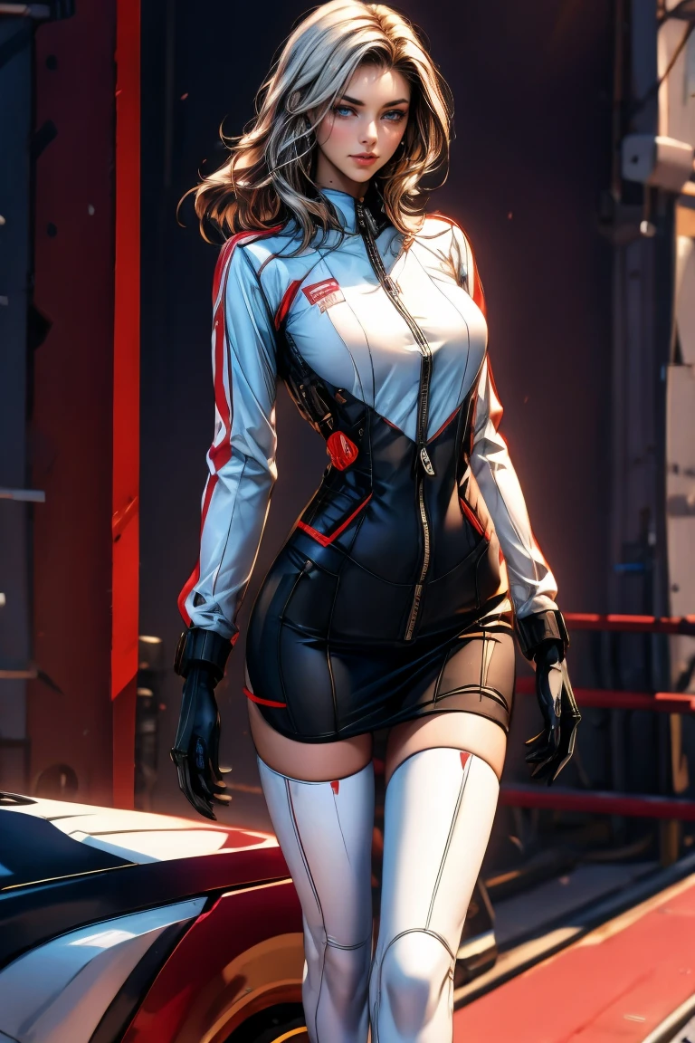 A full-body, ultra-detailed semi-realistic digital painting of a mature Polish woman in her early 40s, with a tall, toned, graceful figure that reflects classic Central European elegance. Her proportions follow a 10-heads-tall fashion model silhouette, with a modestly full bust, narrow waist, and long, shapely legs. Her posture is upright and relaxed, with a soft hip tilt that exudes calm confidence. Her skin is fair with a soft white tone and cool undertone, glowing naturally.Her facial features are refined and gentle—an oval face with soft cheek contours, a straight, balanced nose, and a subtle jawline. Her eyes are medium-sized, softly almond-shaped with a downward tilt at the outer corners, giving her a calm, approachable gaze under natural arched brows. Her lips are naturally full, shaped with a soft Cupid’s bow, painted in a warm nude tone. Her expression is inviting and serene. Her makeup is minimal and soft—light rose-toned shadow, barely-there liner, and delicate highlighter that enhances her natural beauty.

Her hairstyle features soft golden blonde hair styled in loose waves, parted to one side and flowing gracefully over her shoulders to mid-back. The look is polished but natural, with no bangs or accessories.

She wears a modern race queen outfit in red and white with silver trim, inspired by Polish national colors. A cropped zip-up top with structured seams and a matching ultra-short asymmetrical skirt feature sponsor accents and clean contrasts. White thigh-high boots and fitted red gloves complete the aerodynamic silhouette. The outfit reflects both patriotism and sleek sportiness.

She stands at a contemporary Polish racetrack with clean urban lines, national flags in soft focus, and cinematic daylight framing her confident stance.
Masterpiece, best quality, semi-realistic, 8K resolution, cinematic lighting, hyperrealistic portrait, finely detailed.