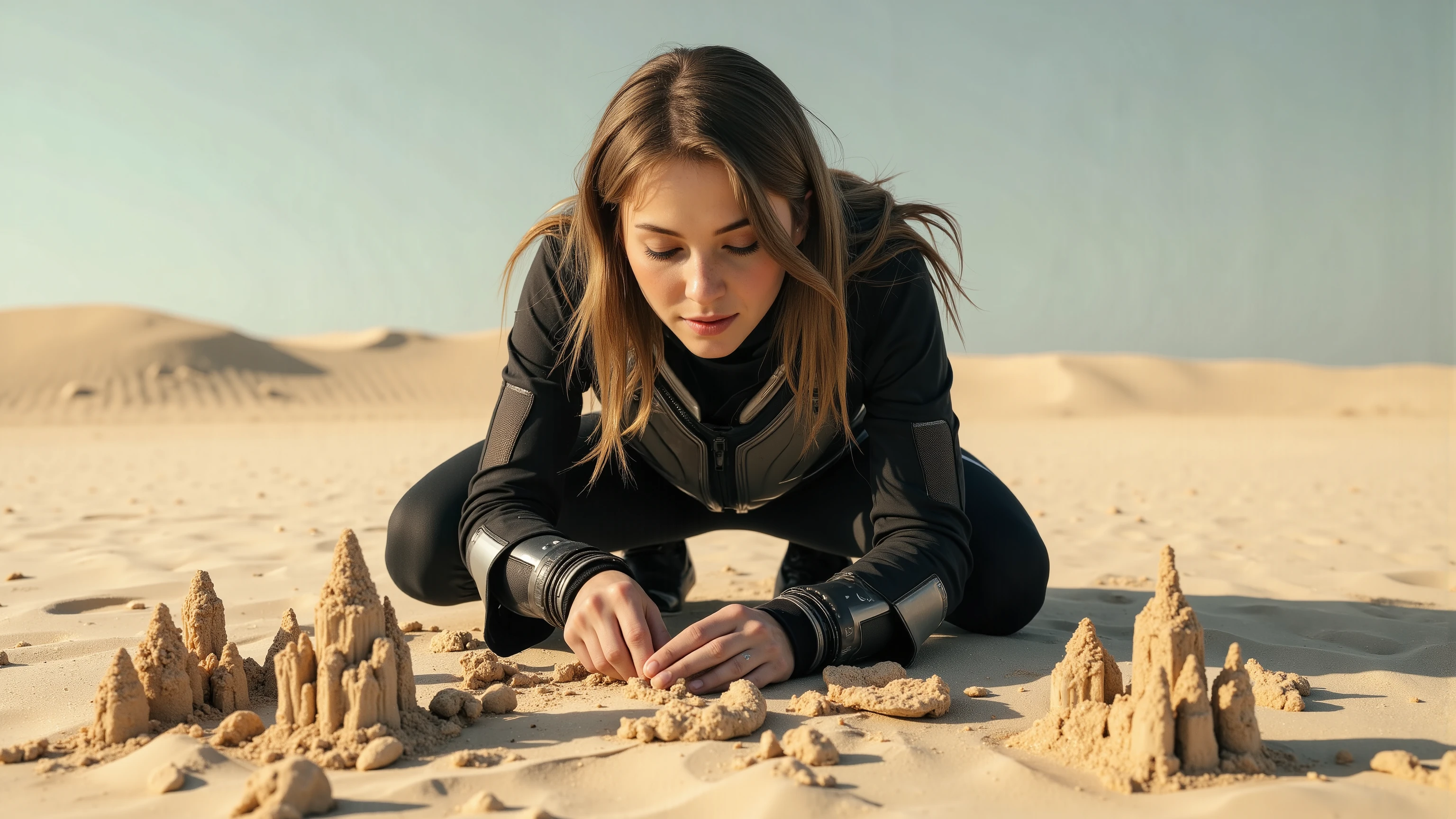 A young woman in a futuristic space suit, kneeling on a sandy planet, building intricate sandcastles with a serene expression. The scene is framed mid-shot, with the vast, barren landscape of the planet in the background. Soft, diffused lighting highlights the details of her suit and the sandcastles. The composition centres on her hands as she carefully shapes the sand, with a sense of tranquillity and focus. extremely detailed realistic natural skin with skin pores, perfect face, highly detailed face and lips, ray tracing, UHD, HDR, 16k, DSLR, masterpiece, photorealistic, award-winning