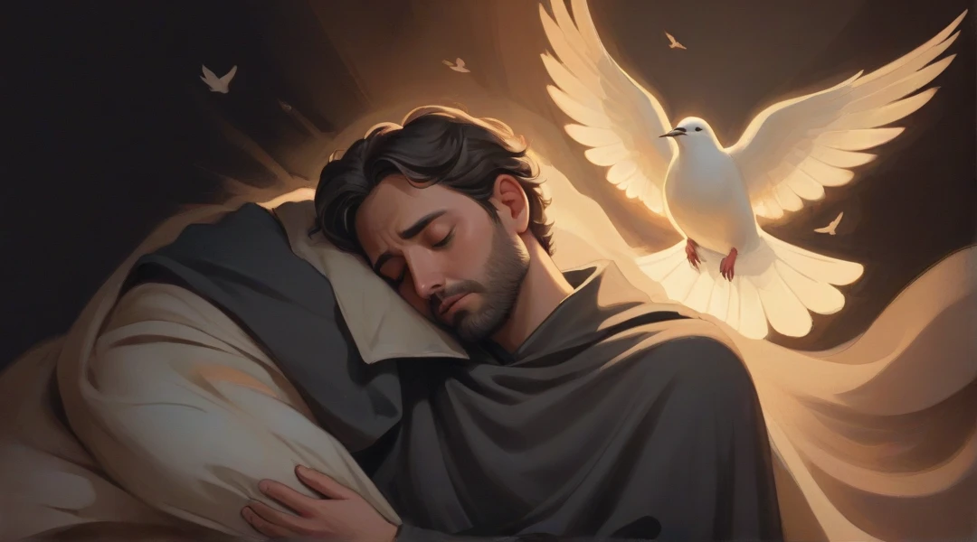 cartoon style illustration, warm earthy color palette, soft pastel shade, with no background — A sleeping man with an expression of distress, surrounded by dark shadows, while a luminous dove flies over his ????? in the form of a protective shield of the Holy Spirit.