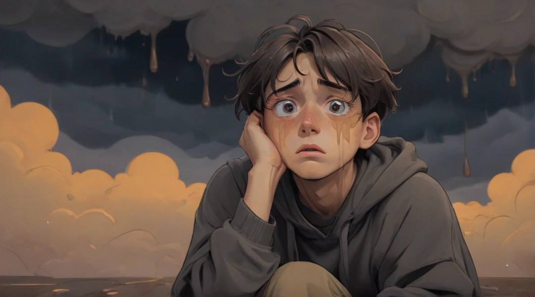 crying boy in the hue of a nebula,illustration,oil painting,cosmic colors,vibrant lighting,soft brush strokes,starlit background [tears streaming down his face,upturned eyes,emotional expression,lonely figure,hugging himself tight,galaxy-infused tears] (best quality,highres:1.2),ultra-detailed,realistic,portrait
