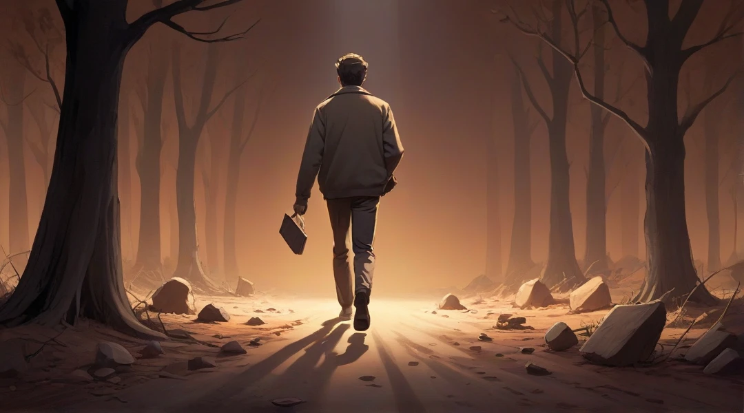 cartoon-style illustration, warm earthy color palette, soft pastel shading, without a background — A man walking steadily is stopped by dark hands that emerge from the ground, offering shiny objects that symbolize old habits, while a light hits the background.