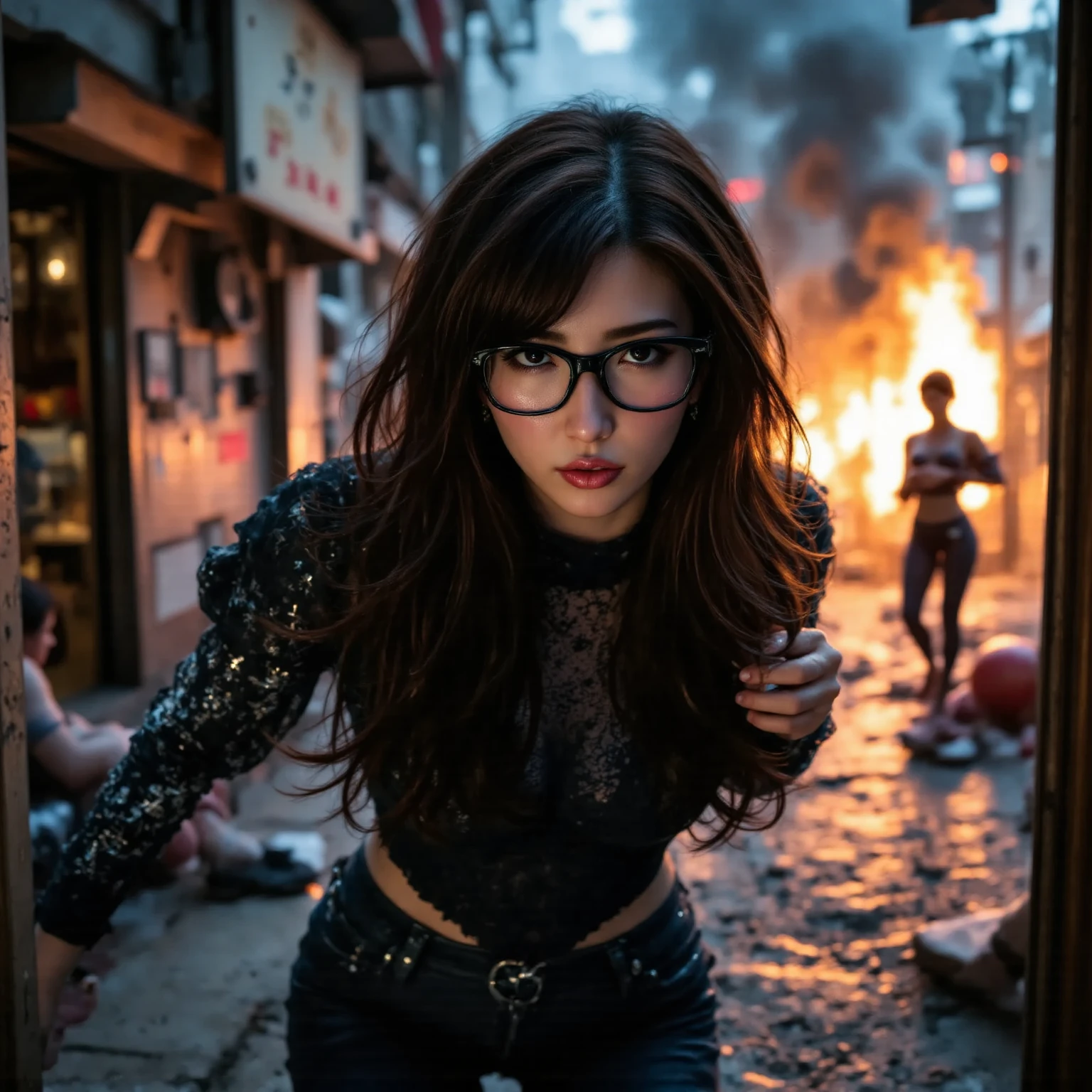 A photorealistic, cyberpunk inspired of an expressionless beautiful cyborg wearing dark glasses, bionic arm with glowing pink, black shirt, black pants, is running in the chaotic dystopian cyberpunk city at night with explosions and fighting cyborgs in the background.  Gloomy atmosphere, 32 K, High Quality, Award Winning, 