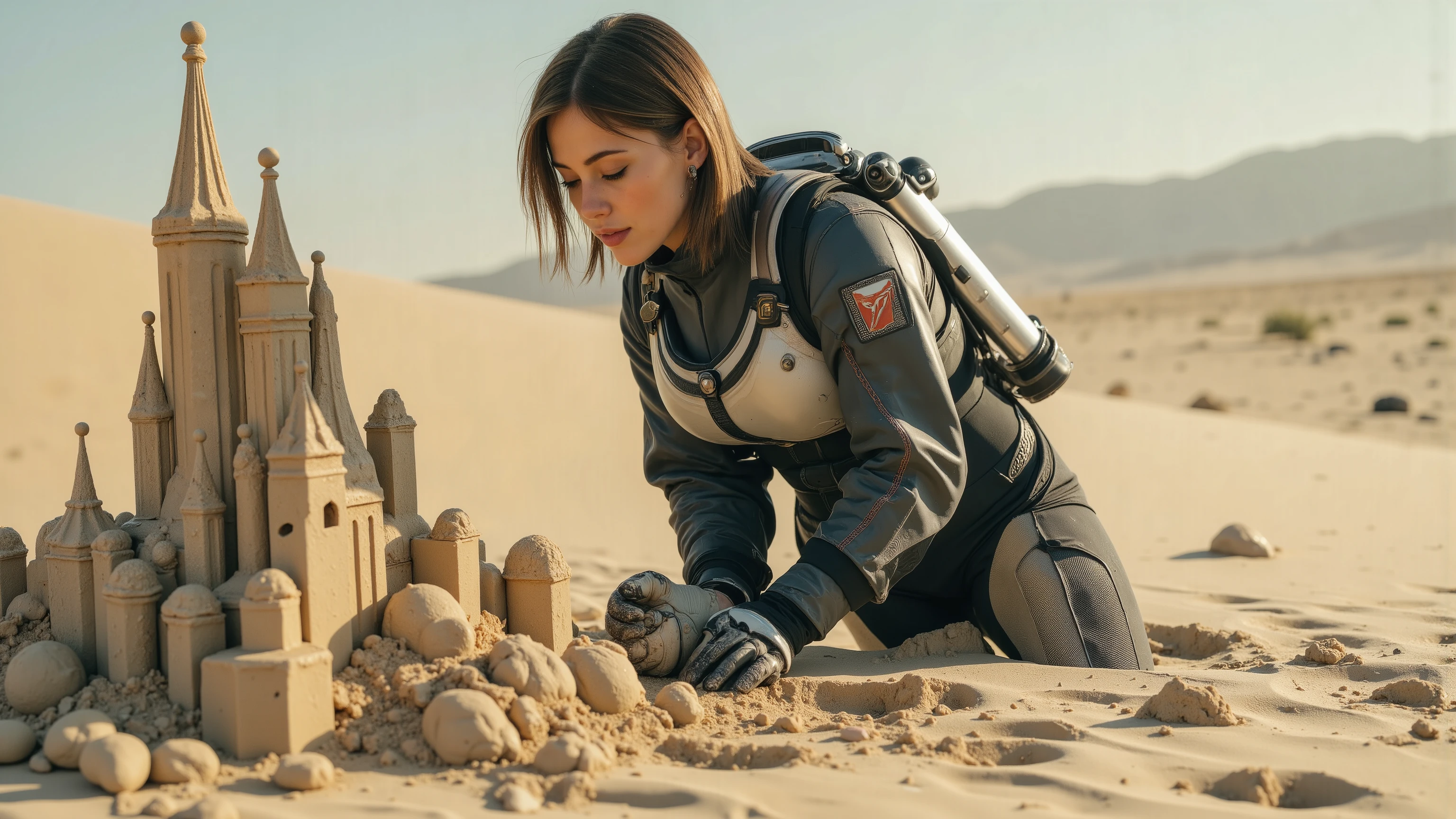 A young woman in a futuristic space suit, kneeling on a sandy planet, building intricate sandcastles with a serene expression. The scene is framed mid-shot, with the vast, barren landscape of the planet in the background. Soft, diffused lighting highlights the details of her suit and the sandcastles. The composition centres on her hands as she carefully shapes the sand, with a sense of tranquillity and focus. extremely detailed realistic natural skin with skin pores, perfect face, highly detailed face and lips, ray tracing, UHD, HDR, 16k, DSLR, masterpiece, photorealistic, award-winning