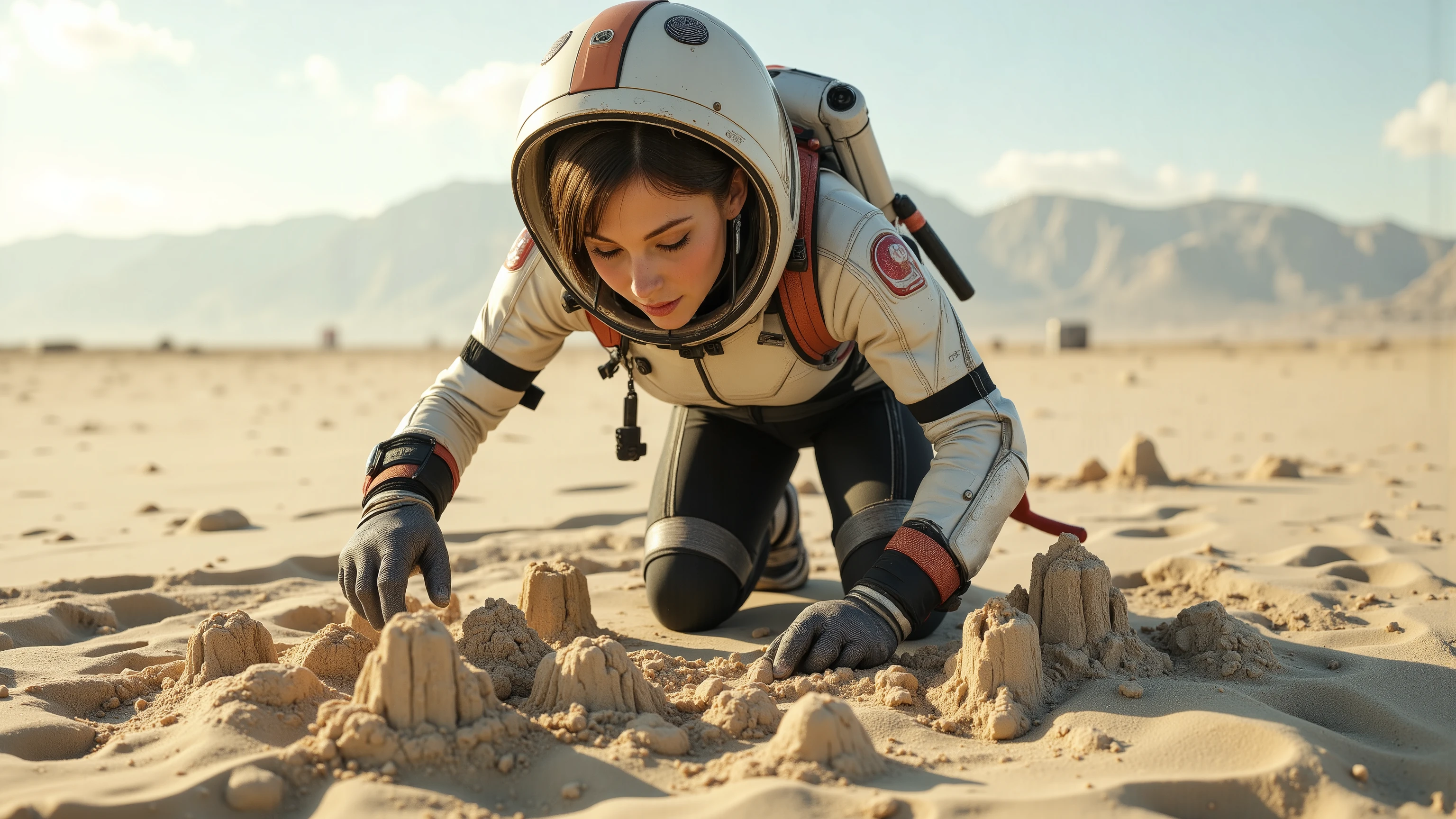 A young woman in a futuristic space suit, kneeling on a sandy planet, building intricate sandcastles with a serene expression. The scene is framed mid-shot, with the vast, barren landscape of the planet in the background. Soft, diffused lighting highlights the details of her suit and the sandcastles. The composition centres on her hands as she carefully shapes the sand, with a sense of tranquillity and focus. extremely detailed realistic natural skin with skin pores, perfect face, highly detailed face and lips, ray tracing, UHD, HDR, 16k, DSLR, masterpiece, photorealistic, award-winning