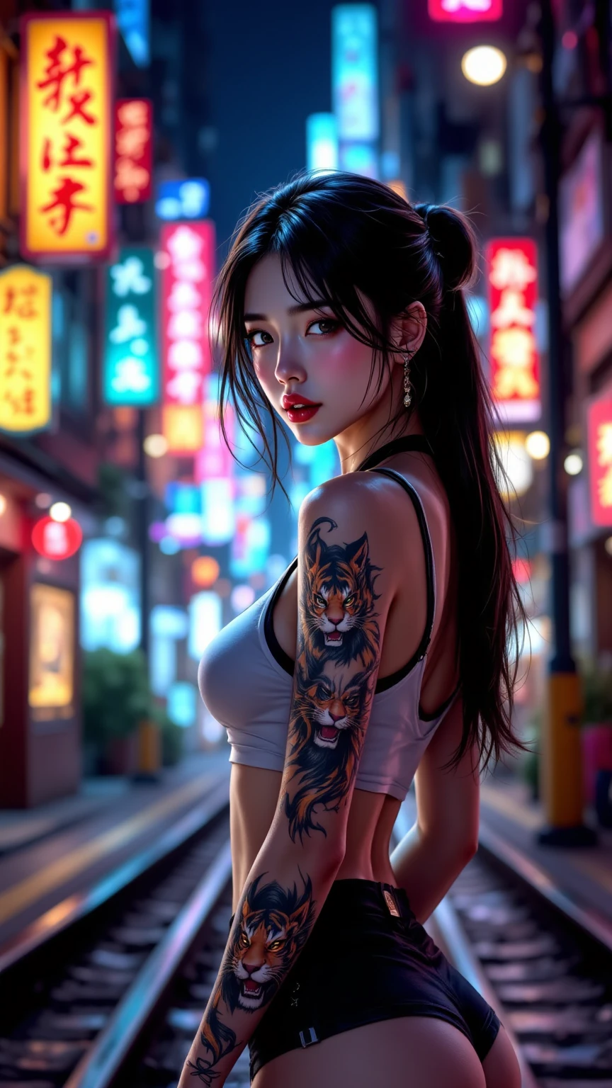 high res,4K,realistic,pictures, professional ,Extremely detailed female figures, Female figures wearing tank tops and tight shorts,Proudly showing dragon and tiger tattoos,Vibrant city streets,Monorail views,Vivid and vibrant colors,Digital illustration with a dreamy and dynamic atmosphere