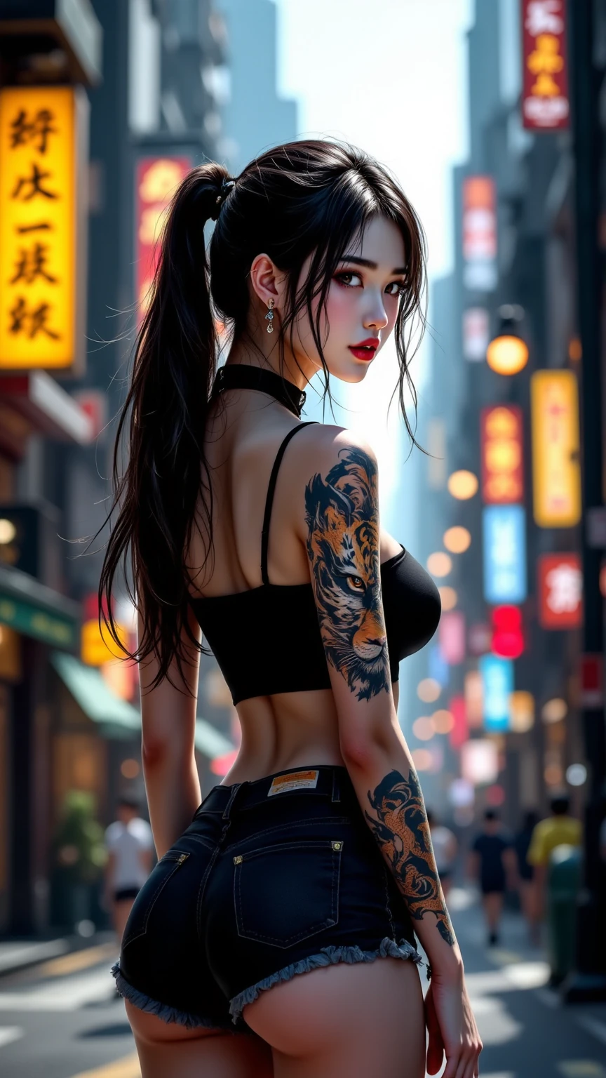 high res,4K,realistic,pictures, professional ,Extremely detailed female figures, Female figures wearing tank tops and tight shorts,Proudly showing dragon and tiger tattoos,Vibrant city streets,Monorail views,Vivid and vibrant colors,Digital illustration with a dreamy and dynamic atmosphere