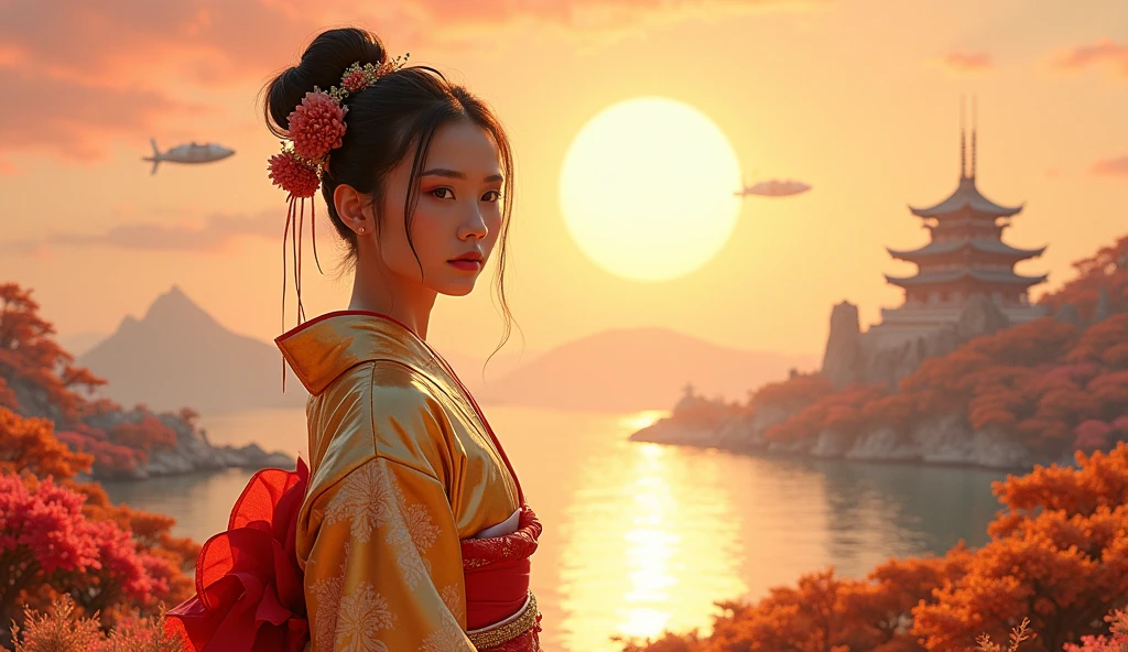 A beautiful Japanese woman in a traditional gold kimono stands on Saturn's moon. Looking directly at the camera. The face is occupied by 1/3 pictures . It is surrounded by lush alien vegetation with bright colors in full bloom. In the distance, a calm sea shimmers under a golden pink sky, spacecraft and buildings of a highly developed forerunner civilization (polygonal masonry). Moon planet in the sky. The landscape is surreal and breathtaking, combining Japanese elegance with a sci-fi environment, inspired by Venus. soft lighting, high detail,  dreamy ,  sexy atmosphere .