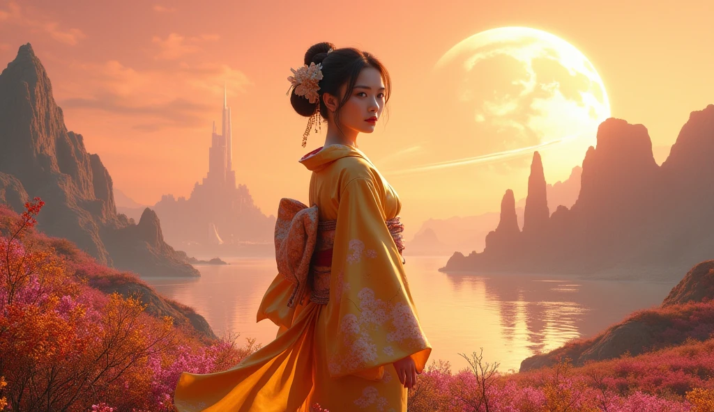 A beautiful Japanese woman in a traditional gold kimono stands on Saturn's moon. Looking directly at the camera. The face is occupied by 1/3 pictures . It is surrounded by lush alien vegetation with bright colors in full bloom. In the distance, a calm sea shimmers under a golden pink sky, spacecraft and buildings of a highly developed forerunner civilization (polygonal masonry). Moon planet in the sky. The landscape is surreal and breathtaking, combining Japanese elegance with a sci-fi environment, inspired by Venus. soft lighting, high detail,  dreamy ,  ???? atmosphere .