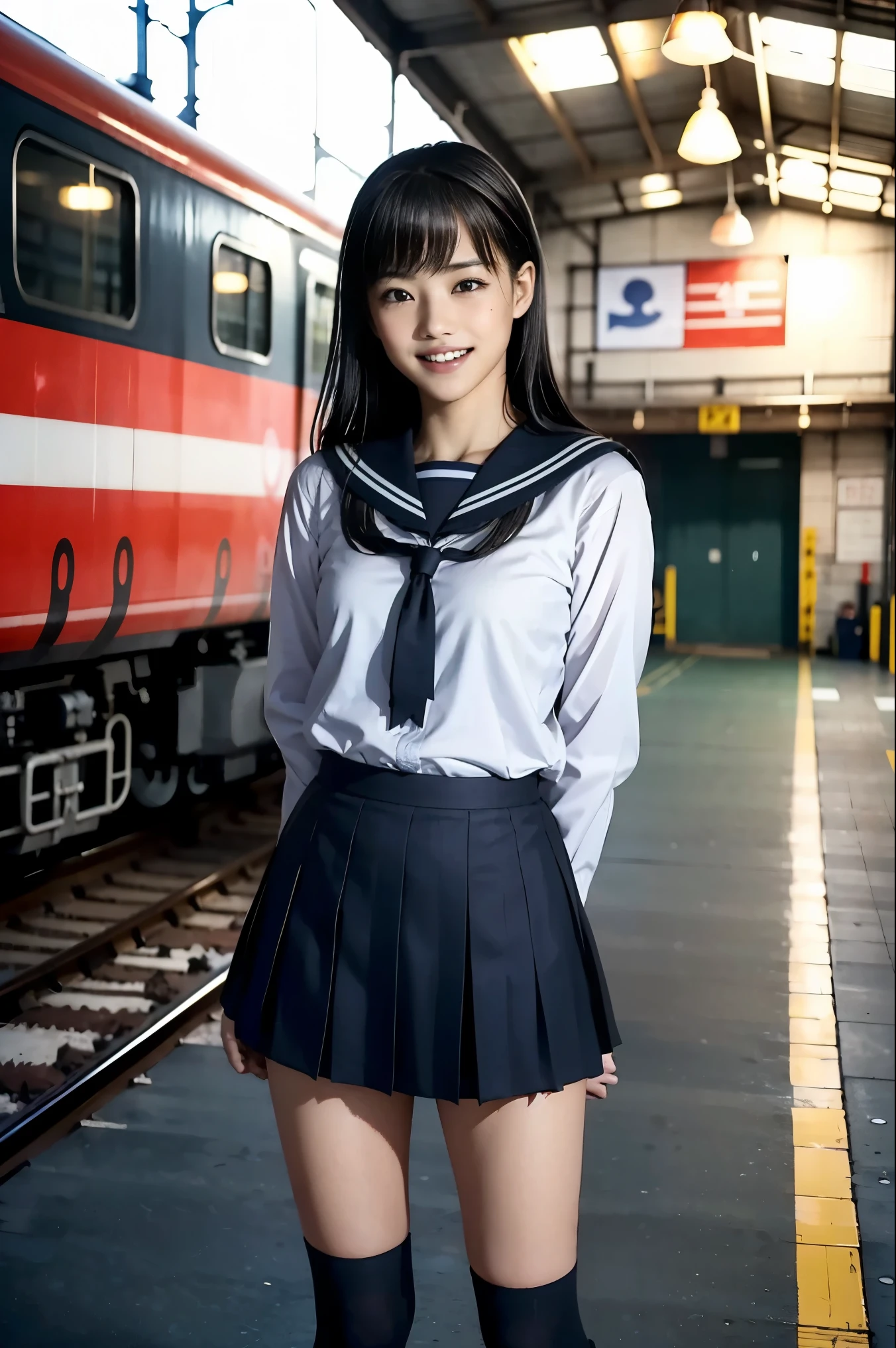 train garage、 Japanese High School Girls , black hair, black high socks, long hair ,sailor、女子高校生のsailor服、happy smile、She's happy with her teeth、Train depot、