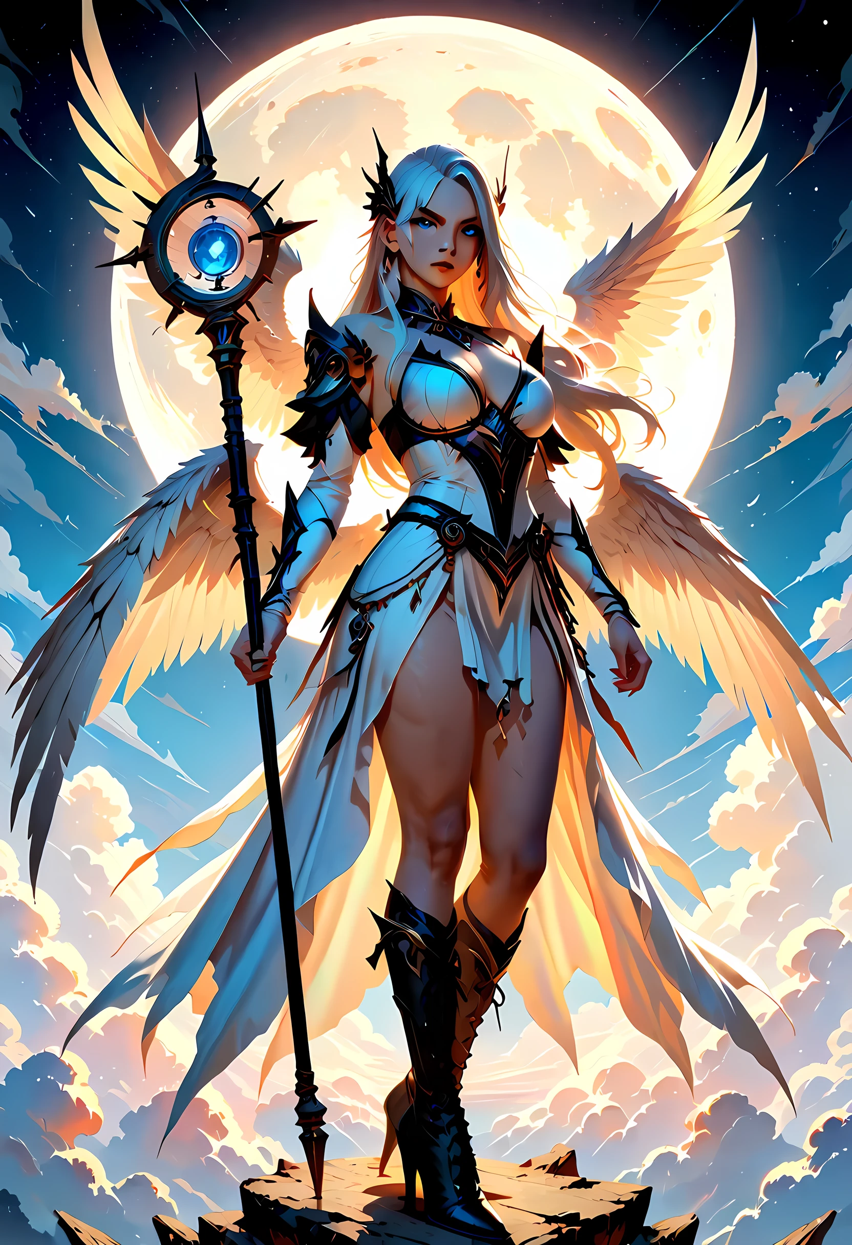 female, sorceress, casting divine spell, full body, aasimar, female, white large feathered wings, silver hair, blue eyes, determined face, divine light, intense eyes, ultra feminine, ultra detailed face, (Masterpieceת intense details:1.5), wearing white armor, high heeled boots, armed with staff, moon, stars, clouds, fantasy magical heaven background, cinematic lighting, soft light, silhouette, photorealism, 16k, highres, best quality, 2.5D rendering, fantasy, lace up stilettos, LOAsuccXL