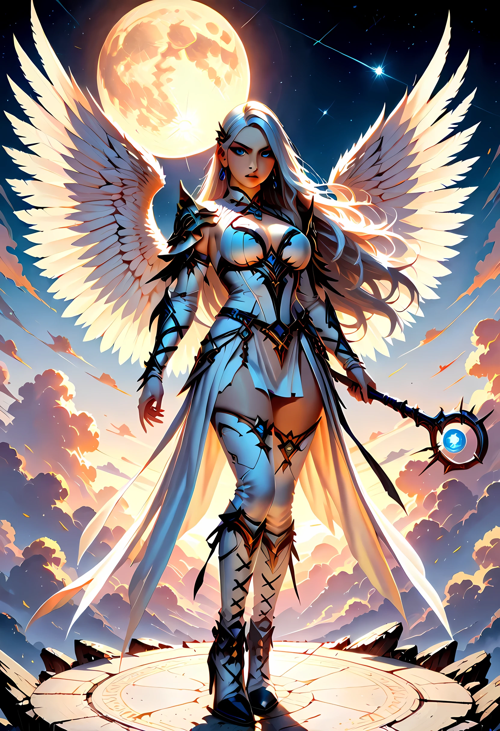 female, sorceress, casting divine spell, full body, aasimar, female, white large feathered wings, silver hair, blue eyes, determined face, divine light, intense eyes, ultra feminine, ultra detailed face, (Masterpieceת intense details:1.5), wearing white armor, high heeled boots, armed with staff, moon, stars, clouds, fantasy magical heaven background, cinematic lighting, soft light, silhouette, photorealism, 16k, highres, best quality, 2.5D rendering, fantasy, lace up stilettos, LOAsuccXL