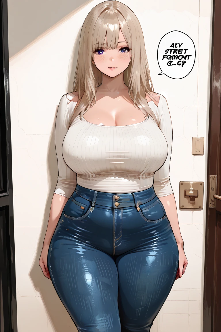 1girl, solo, mature female, milf, huge breasts, wide hips, curvy, straight hair, short hair, blonde hair, blue eyes, white shirt, long sleeves, pants, indoors, standing, looking at viewer, smile