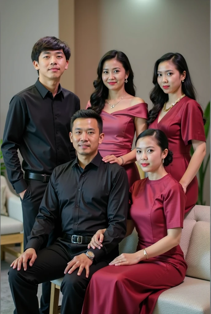 Create a friendly close up photo style, clean face 31-year-old Indonesian MEN, One 32 -year-old women, wearing hijab, 25-year-old women, wearing hijab. Those wearing black suits and matching new maroon BATIK KEBAYA colors, wear black shoes. Posing sitting on a sofa, the studio has a backdrop of a mansion. Details. fresh color, yellow lighting, realistic, 8k, HD.