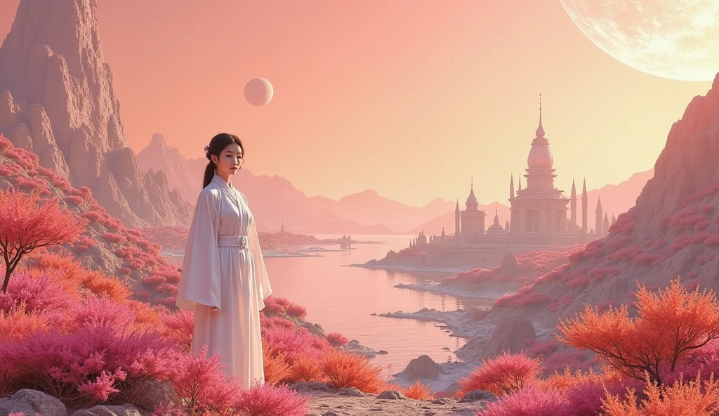 A beautiful Korean woman in a traditional white suit stands on Saturn's moon. Looking directly at the camera. The face is occupied by 1/3 pictures . It is surrounded by lush alien vegetation with bright colors in full bloom. In the distance, a calm sea shimmers under a golden pink sky, spacecraft and buildings of a highly developed forerunner civilization (polygonal masonry). Moon planet in the sky. The landscape is surreal and breathtaking, combining Japanese elegance with a sci-fi environment, inspired by Venus. soft lighting, high detail, dreamy , sexy atmosphere .