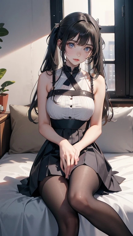 masterpiece, 1girl, medium breasts, solo, araragi karen, hair ornament, egg hair ornament, side ponytail, black hair, food-themed hair ornament, fried egg, looking at viewer, egg (food), long hair, (black eyes:1.1), purple skirt, sleeveless, pink shirt, homework, books, holding pencil, smirk