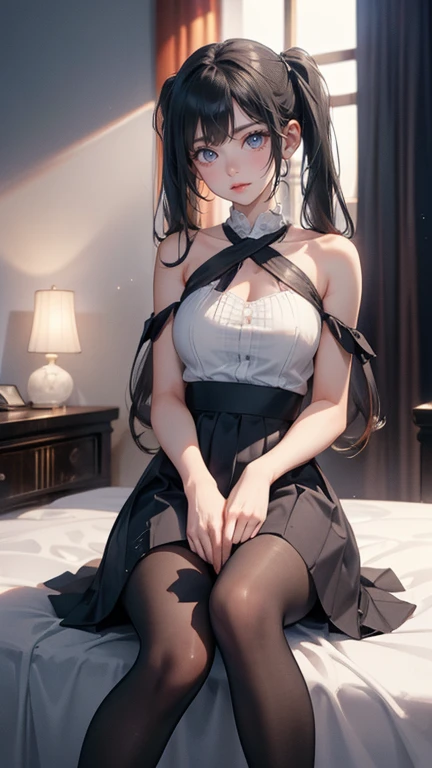 1girl,(bright lighting,romantic setting),dreamy background,,dark hair, mesmerizing gaze, , soft skin, alluring beauty, artistic portrait, high-quality image, vibrant colors,long pink floral sheer skirt, mosquito net, romantic bedroom, sidesuspension,solobound,blindfold,gag